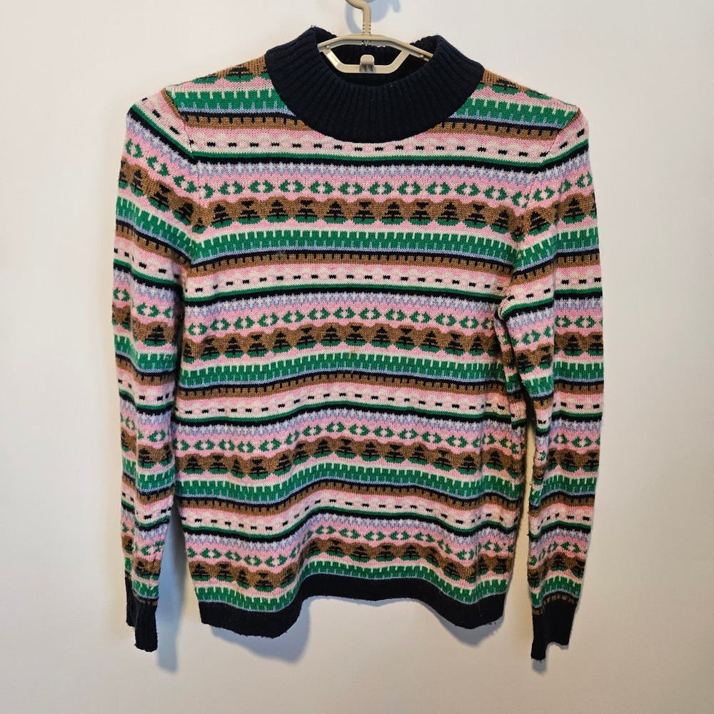 J.Crew Womens Fair Isle Mock Neck Sweater M Lambswool Blend Rainbow Nordic Tree